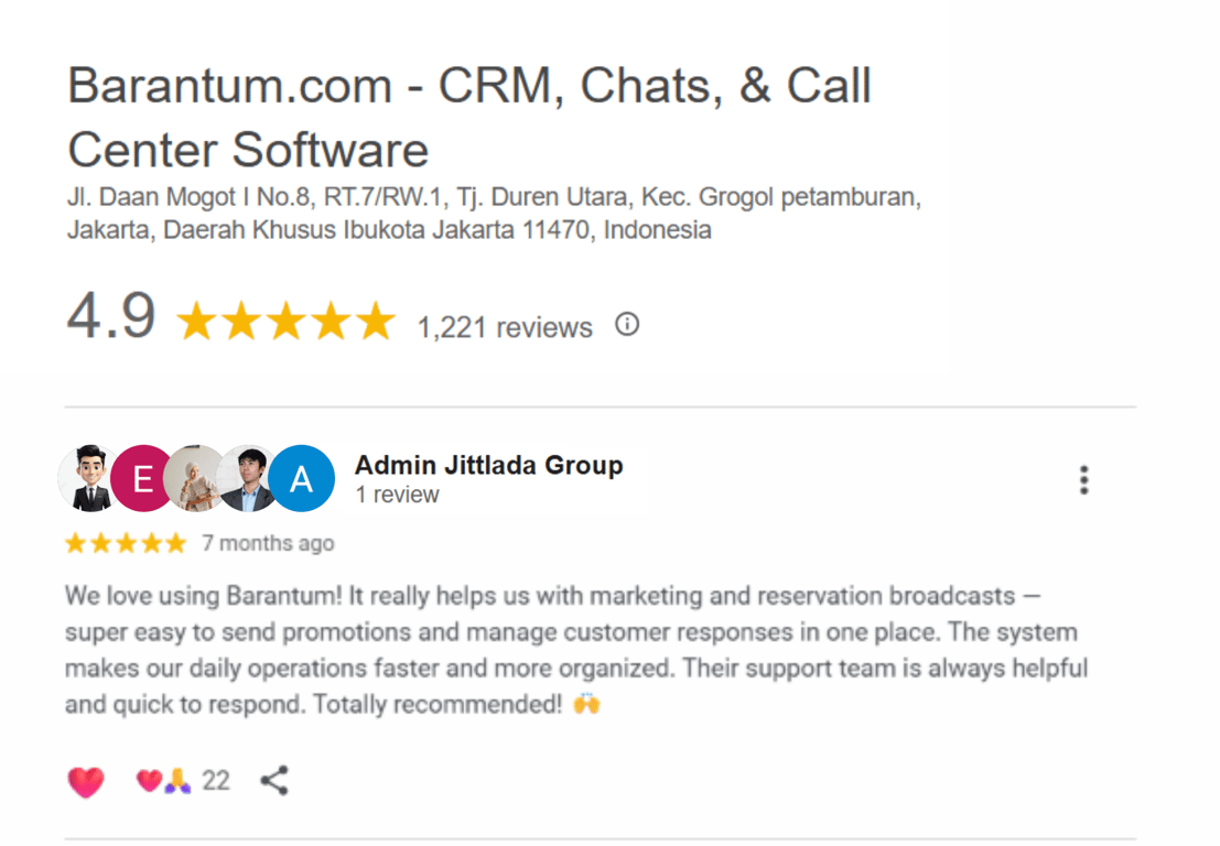Rating Barantum di Google Bisnis mencapai 4,9/5 berdasarkan 1.221 ulasan pelanggan per 12 Juni 2026.  